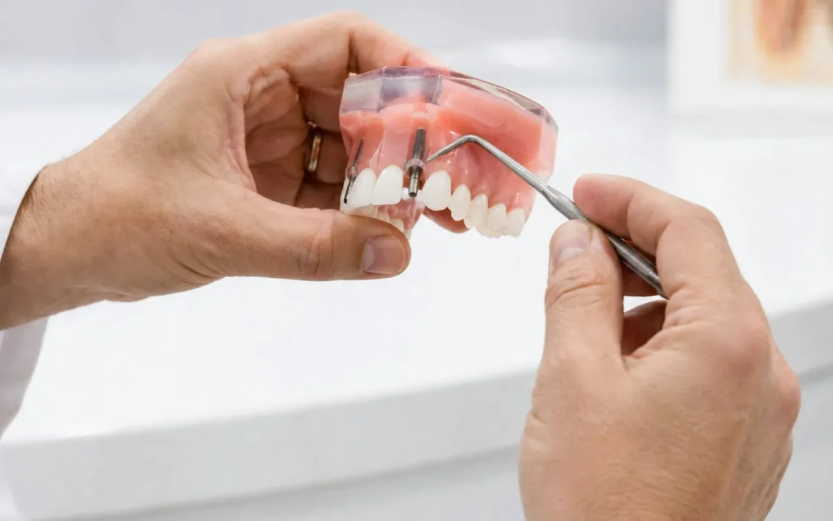 Mâini care indică un implant pe un model dentar