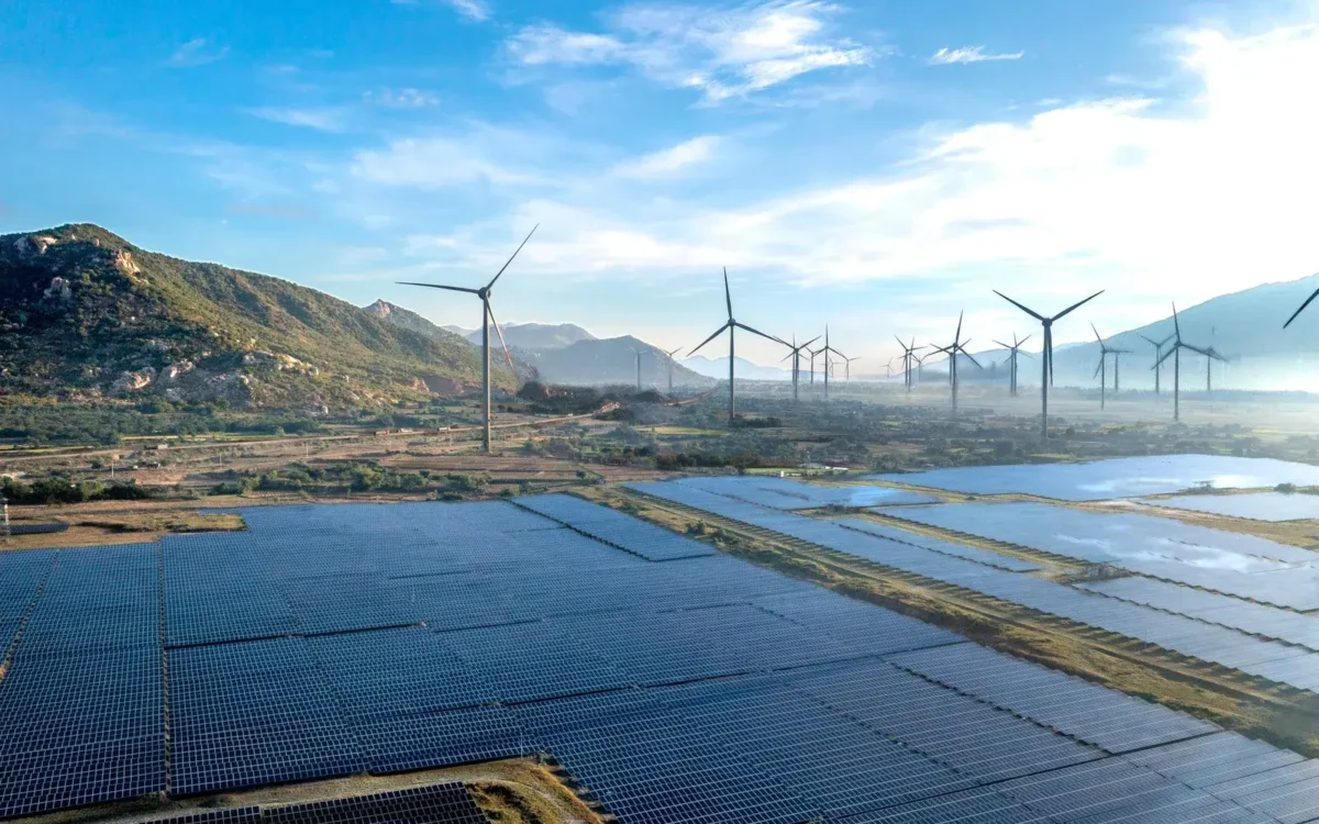 Turbine eoliene și panouri fotovoltaice văzute de sus