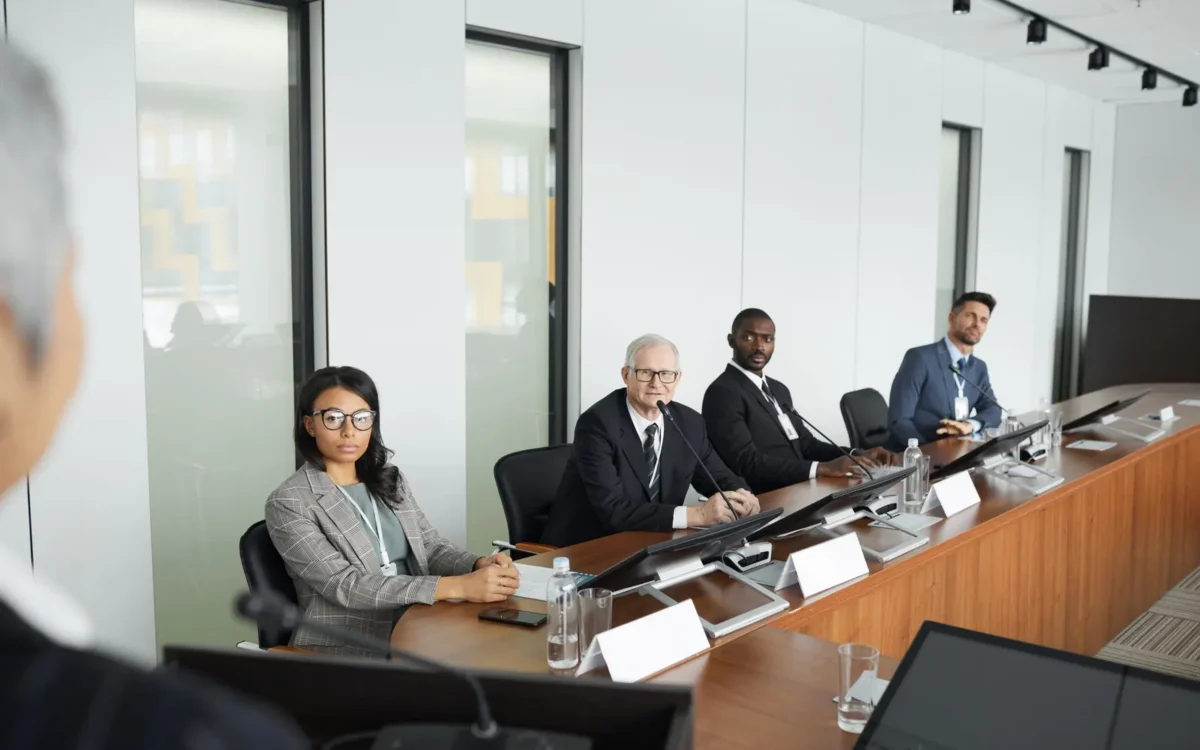 Persoane la masa unei reuniuni de afaceri
