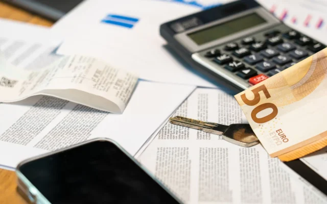 Bancnotă de 50 de euro lângă calculator și documente