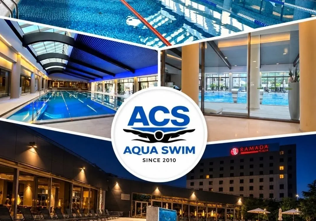 Colaj cu mai multe piscine și sigla ACS Aqua Swim.