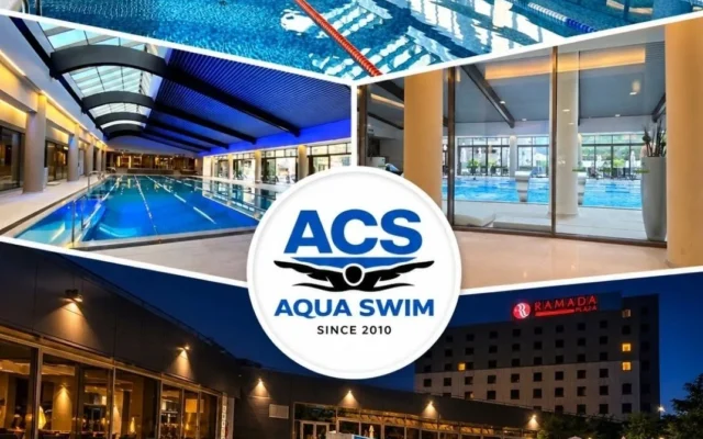 Colaj cu mai multe piscine și sigla ACS Aqua Swim.