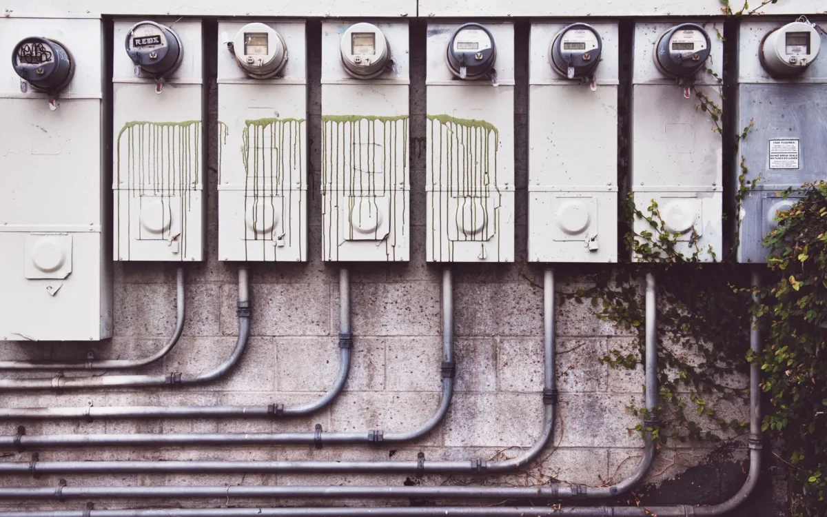 Contoare electrice și tuburi pentru cabluri pe un perete de zidărie