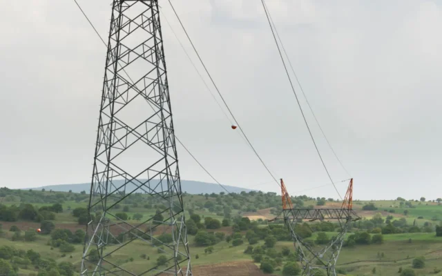 Doi stâlpi ai unei linii electrice în câmp